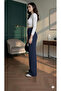 Navy High-Waist Palazzo Pants with Hook-and-Loop Detail, Pleated Front, Wide-Leg - 3