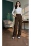 Brown High-Waisted Palazzo Pants with Velcro Detail, Front Pleats, Wide Leg - 2