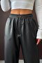 Elastic Waist Double Pocket 3 Color Pipe Leg Leather Trousers - Black - 2