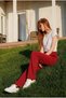 High Quality Comfortable Fit High Waist Wide Leg Burgundy Women's Sweatpants with Pockets - 4