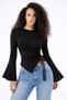 Black Crew Neck Draped Detail Bell Sleeve Hijab-Compatible Top Blouse