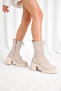 Melinta Thick Heeled Lace-Up Women's Beige Suede Boots - 4