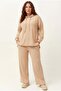 Women's Large Size Ribbed Knitted Hooded Stone Tracksuit Set