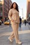 Women's Large Size Ribbed Knitted Hooded Stone Tracksuit Set - 8