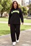 Women's Plus Size Hooded Amour Written Black Tracksuit Set