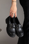 Thick Soled Black Leather H Buckle Women's Loafer Shoes - 8