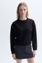 Women's Black Bird's Eye Detailed Crew Neck Sweatshirt