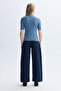 Women's Blue Fitted High Neck 3/4 Sleeve Knit Sweater - 2