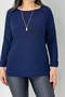 Women's Navy Blue Crew Neck Silvery Thin T-Shirt Double Sleeve Cuffed Blouse - 2