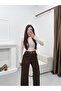 Belted High Waist Brown Fabric Palazzo Pants - 7