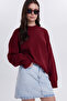 Women's Oversized Wide Cut Crew Neck Burgundy Sweater - 2