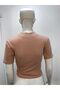 Beige Mock Neck Short Sleeve Darkalıp Ribbed Knit Bodysuit Hzlkısa02Kaş - 7