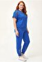 Women's Plus Size Blue Short-Sleeve Tracksuit Set with Sheer Cut Stone Print - 3