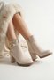 Women's Beige Zippered Buckle Detailed Daily Use Short Heeled Boots Shoes (7 cm) - 5