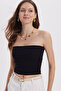 Woman Slim Fit slim fit cotton strapless black blouse - 2