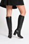 Asian Black Leather Knee High Zippered Heeled Boots