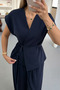 Navy Blue Double Pleated Loose Pants Vest Set - 2