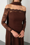 Women's Brown Slim Fit Boat Neck Lace Detail Long Evening Dress - 5