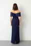 Women's Navy Blue Slim Fit Boat Neck Long Evening Dress with Stones on the Bust - 6