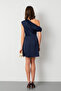 Women's Navy Blue Degaje Collar Mini Satin Graduation Evening Dress - 6