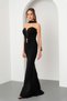 Women's Black Tight Fit Strapless Neck Shawl Detail Slit Long Evening Dress - 2
