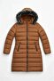 Women's Brown Long, Hooded Light Puffer Coat – Fur, Zipper, Winter