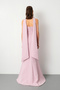 Women's Powder Color Slim Fit Long Fishtail Evening Dress with Scarf and Stone on the Bust - 6