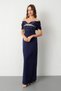 Women's Navy Blue Slim Fit Boat Neck Long Evening Dress with Stones on the Bust - 2