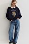 Women's Oversize Sweatshirt Perles D’Élégance Printed Navy Blue – Crew Neck, 3 Thread Ribbed - 3