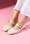 Lorena Beige Leather Gold Buckle Thick Strap Ballerinas - 2