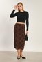 Women's Velvet Floral Patterned Pencil Skirt - Brown - 3