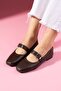 حذاء باليه لورينا ذو اللون البني مع حزام ذهبي وشريط سميك - 2