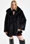 Mock Neck Long Faux Fur Coat - Black - 2