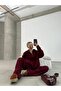 Spring Burgundy Knitted Detailed Oversized Sweater Trousers Knitwear Top and Bottom Set - 2