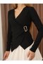 Women's Double-Breasted Collar Asymmetrical Buckle Detailed Stylish Black Blouse - 2