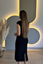 Slit Black Midi Dress with Shoulder Pad Accessories - 4