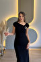 Slit Black Midi Dress with Shoulder Pad Accessories