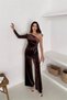 Women's Brown Belted One Shoulder Velvet Fabric Jumpsuit Nbk068
