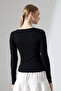 Women's Black Asymmetrical Cut Long Sleeve Ribbed Knit Blouse - 7