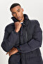 Navy Blue Standard Fit Regular Cut Mock Neck Zipper Detailed Side Pocket Puffer Jacket - 5