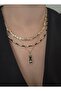 3-Piece Necklace Set (Flake Crushed Bead Necklace, Bone Necklace, and Black Plate Evil Eye Clover Luck Necklace) - 3