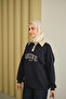Women's Leather Collar Embroidered Sweat Navy Blue - 5