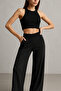 Women's Black Pocketed Wide Leg Corded Fabric Pants - 3