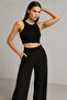 Women's Black Pocketed Wide Leg Corded Fabric Pants - 4