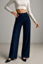 Women's Navy Blue Wide Leg Corded Fabric Pants with Pockets - 3
