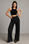 Women's Black Pocketed Wide Leg Corded Fabric Pants - 6