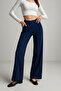 Women's Navy Blue Wide Leg Corded Fabric Pants with Pockets - 2