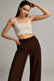 Women's Brown Pocketed Wide Leg Corded Fabric Pants - 4