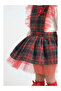 Girl's Red Plaid Patterned Tulle Detailed Puffy Salopet Dress + Socks - 3