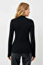 Women's Black Turtleneck Finger-Looped Long Sleeve Cotton Stretchy Basic Body Blouse - 4